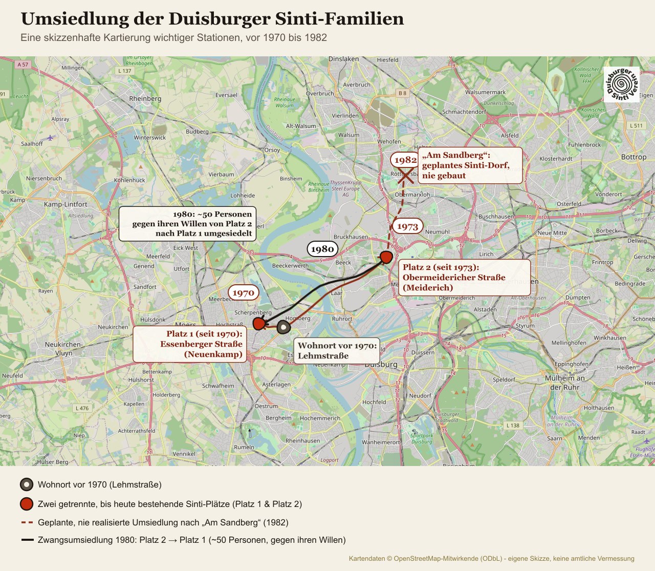 Skizzenhafte Karte der Umsiedlungsstationen der Duisburger Sinti-Familien 1970 bis 2022